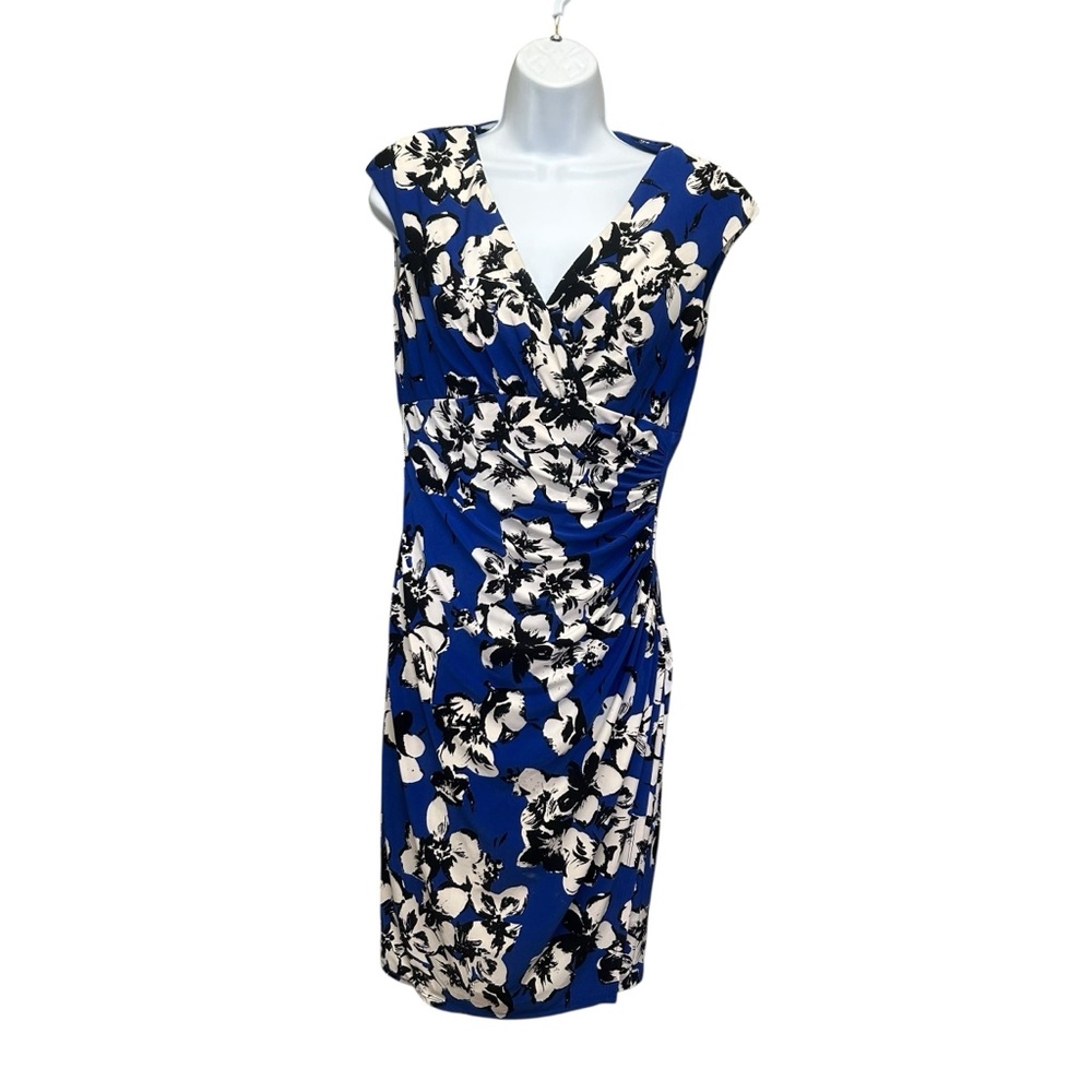 Lauren Ralph Lauren Blue White Floral Ruched Side Sheath Dress Size 4 - Picture 2 of 7